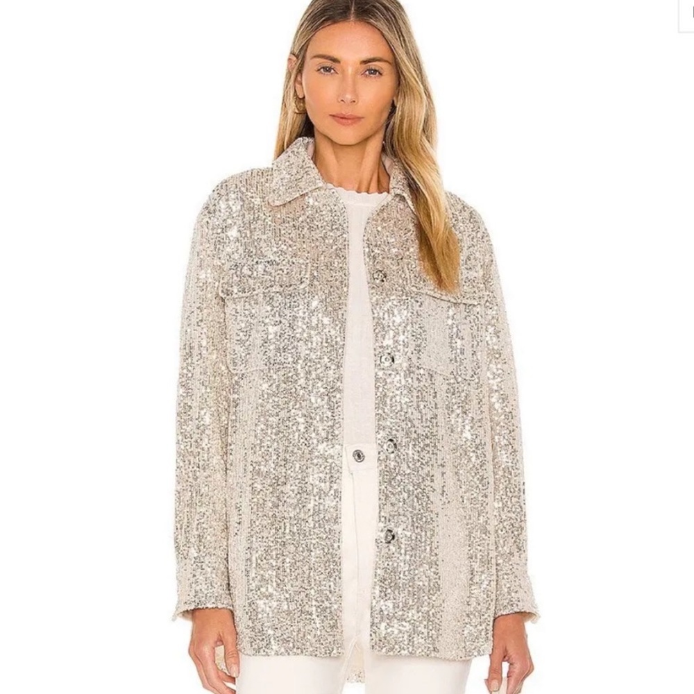 BB DAKOTA BY STEVE MADDEN Glitter Sweet Sequin Jacket in Metallic Silver Size L